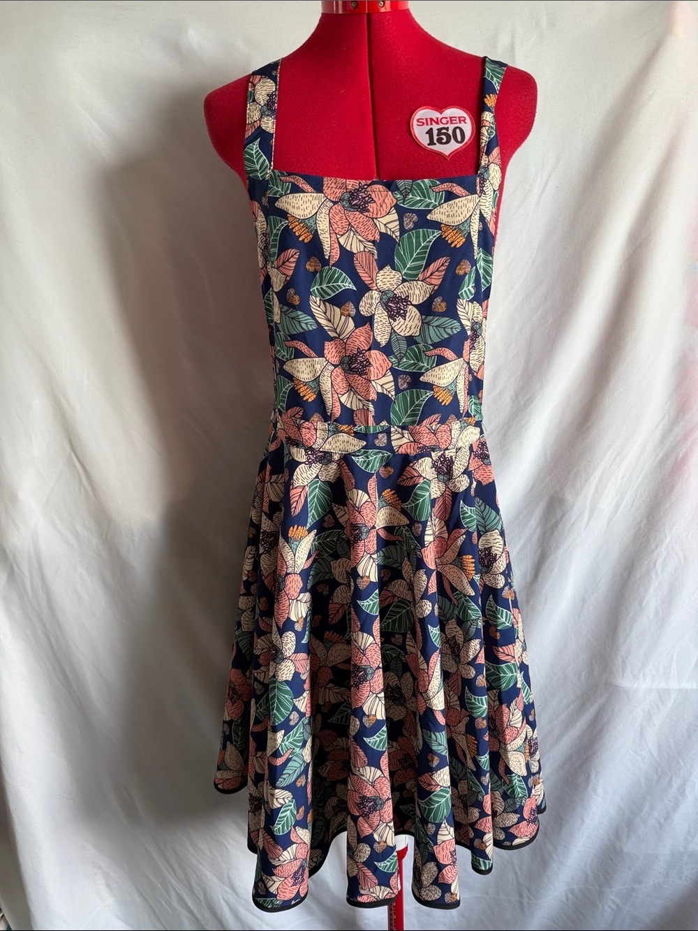 Navy Floral Apron with Pink & Green Leaves
